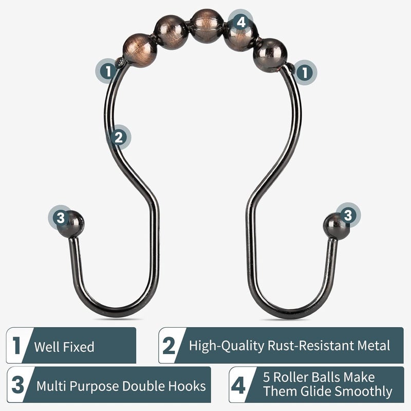 OEH Shower Curtain Hooks, Shower Curtain Rings, Bronze Shower Curtain Hooks Rust Proof, Smooth Gliding Metal Shower Curtain Rings Rust Proof, Double Shower Hooks for Shower Curtain, 12 Pcs, Bronze - Image 3